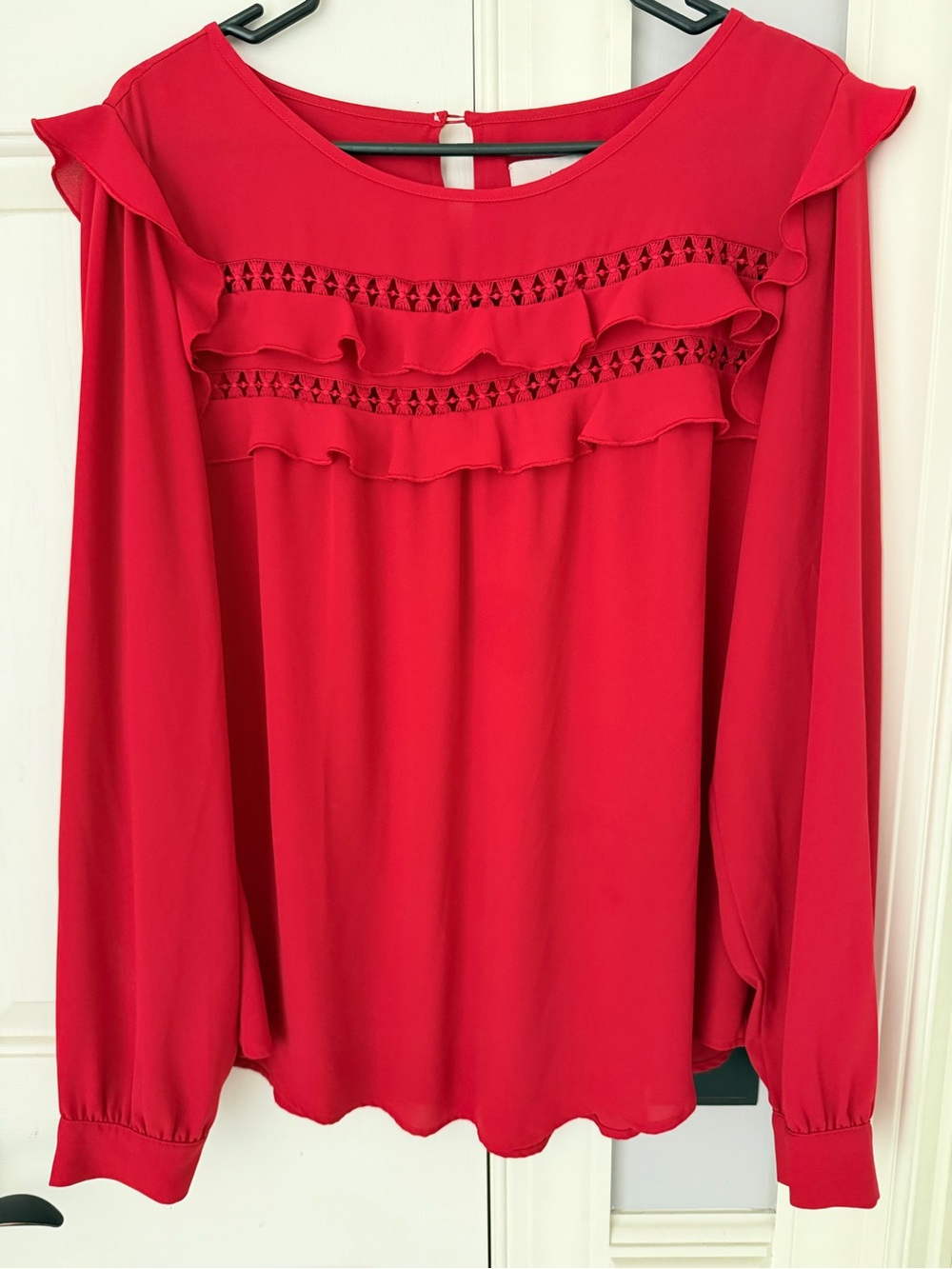 LOFT Red Ruffled Long-Sleeve Blouse